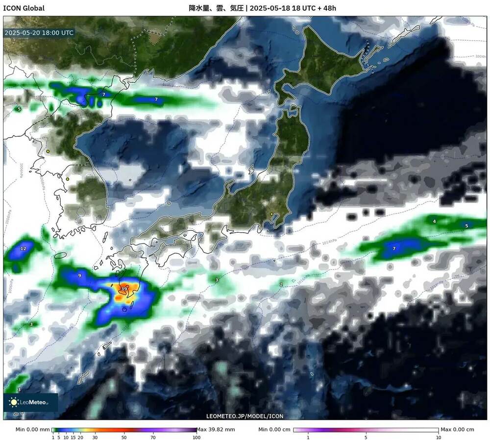 降水・雲量・気圧分布（+48時間）- 2025年5月20日 18時JST