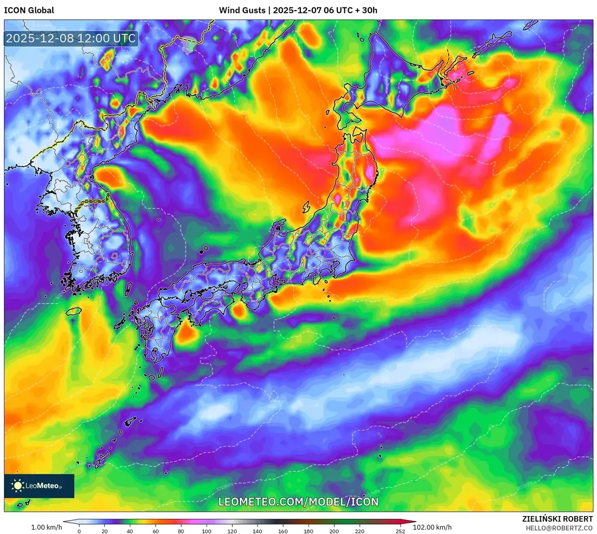 2025-12-07 日本30時間風速予報 – 100km/h以上