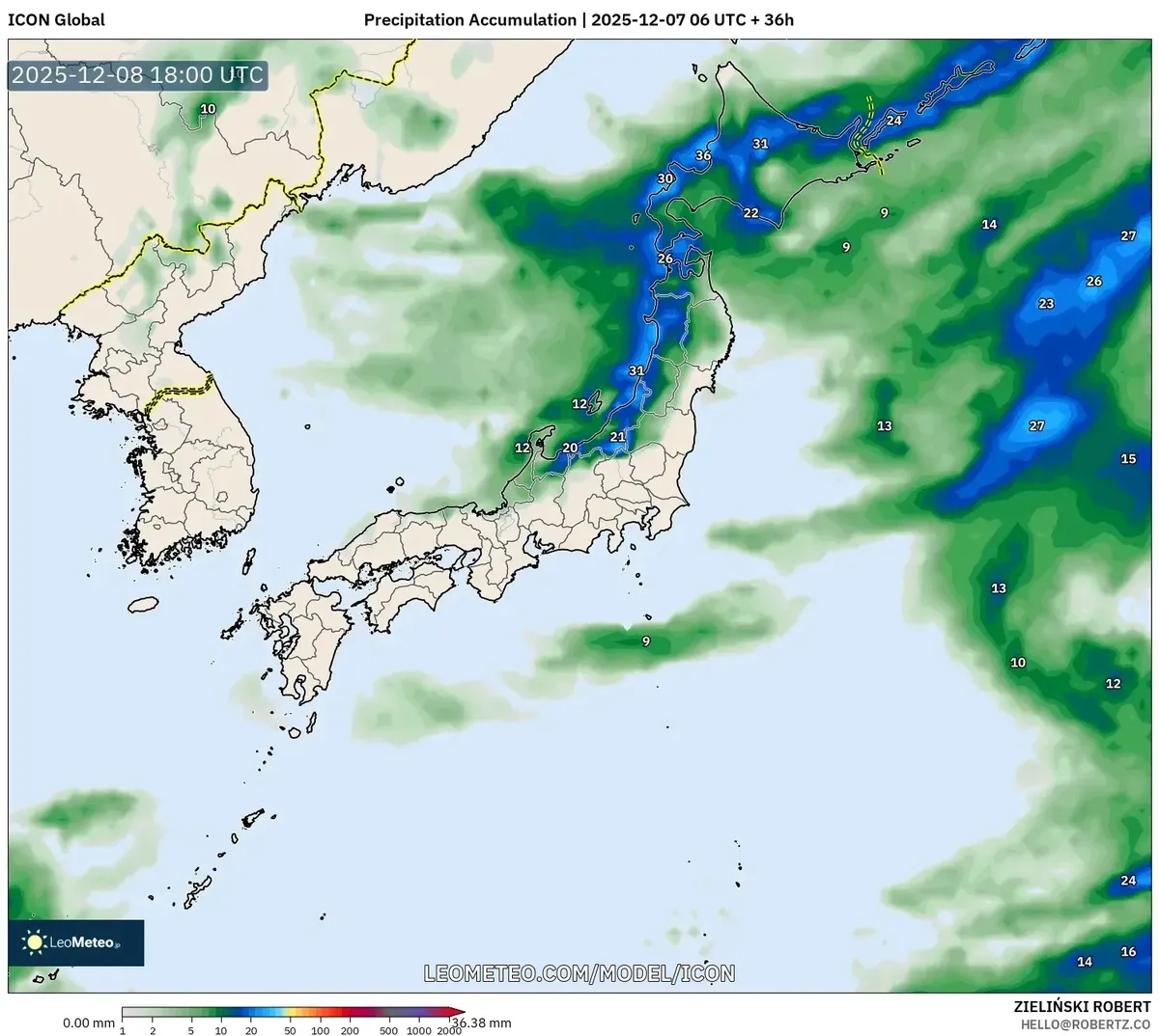 2025-12-07 日本豪雨予報 – 20-35mmの雨量予測