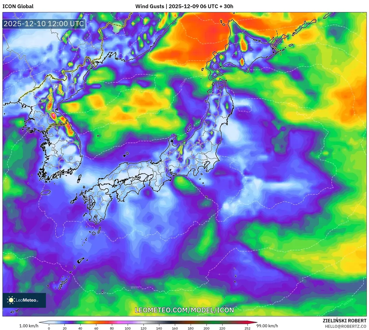 2025-12-09 日本の風速マップ – 90 km/h 沿岸風予報