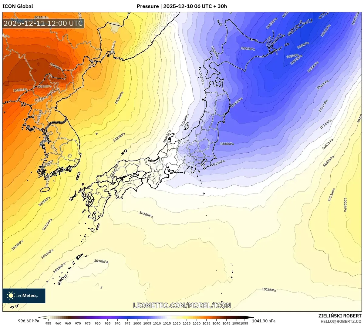 Japan Cold Front Pressure Map – 12月10日2025年 氷る気温と雪の予報