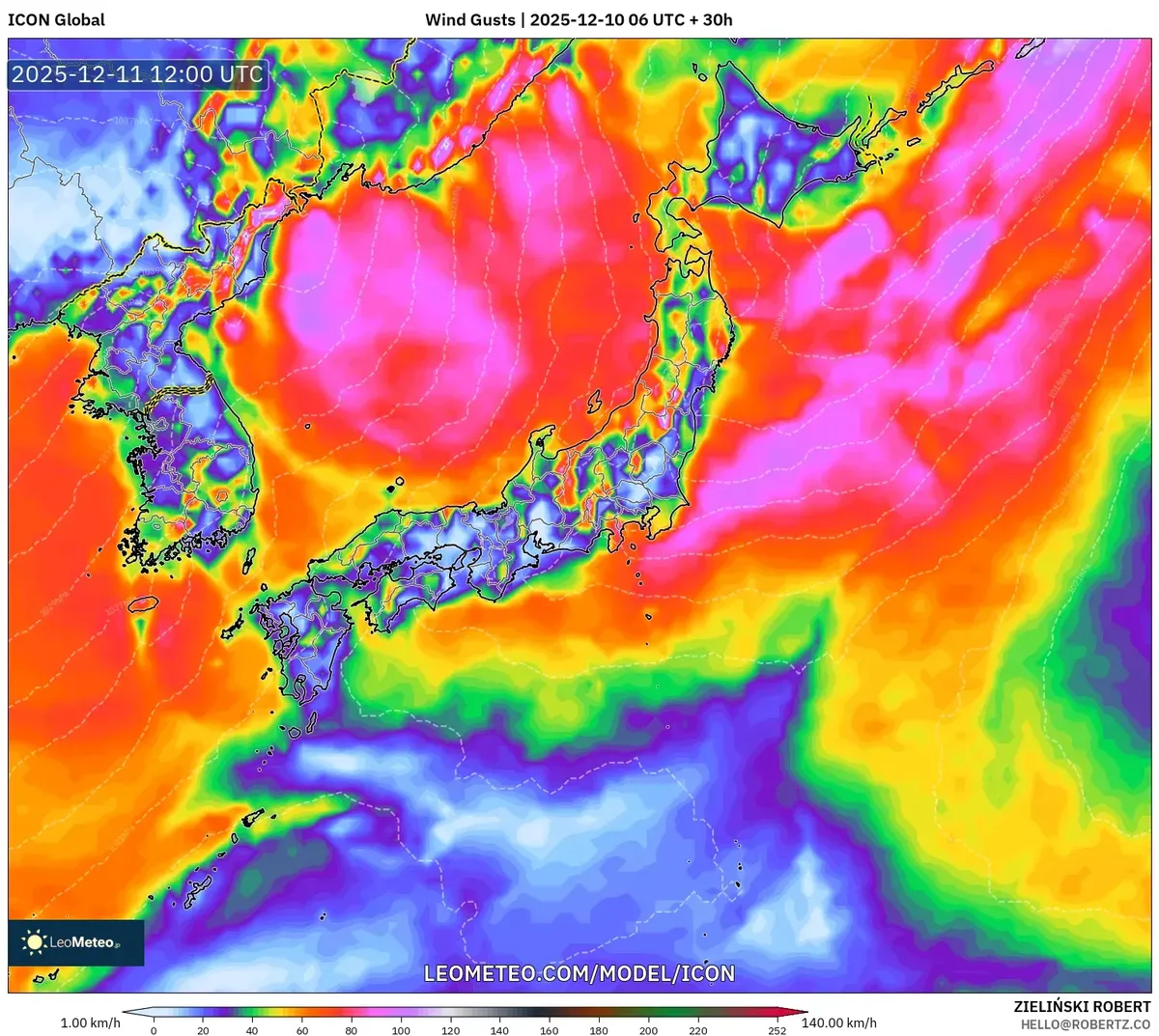 2025-12-10 日本のピーク風速予報–寒冷前線の先行風で最大120 km/hに達する可能性