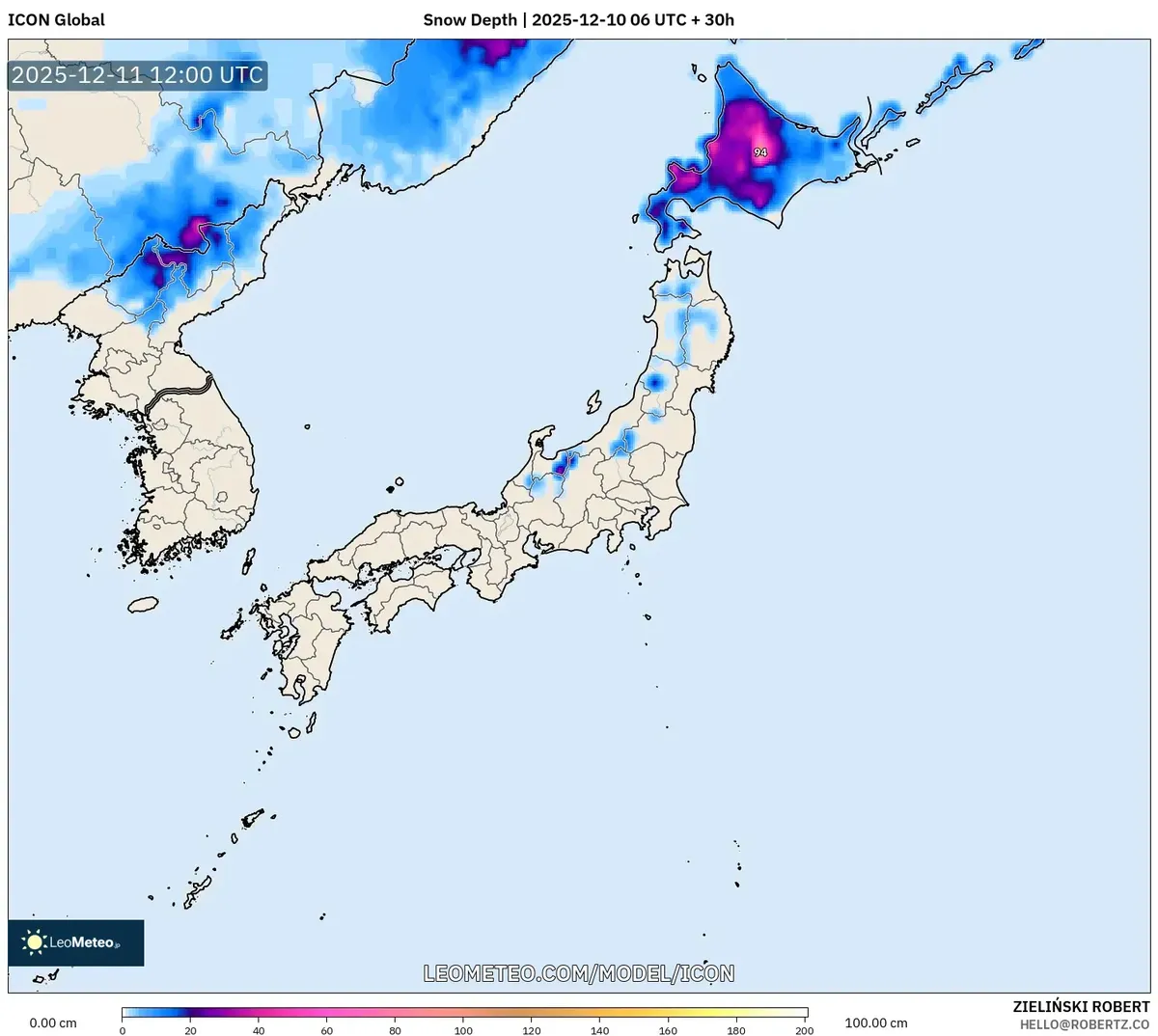 日本の積雪予報　12月10日2025年 – 寒冷前線の雪深図