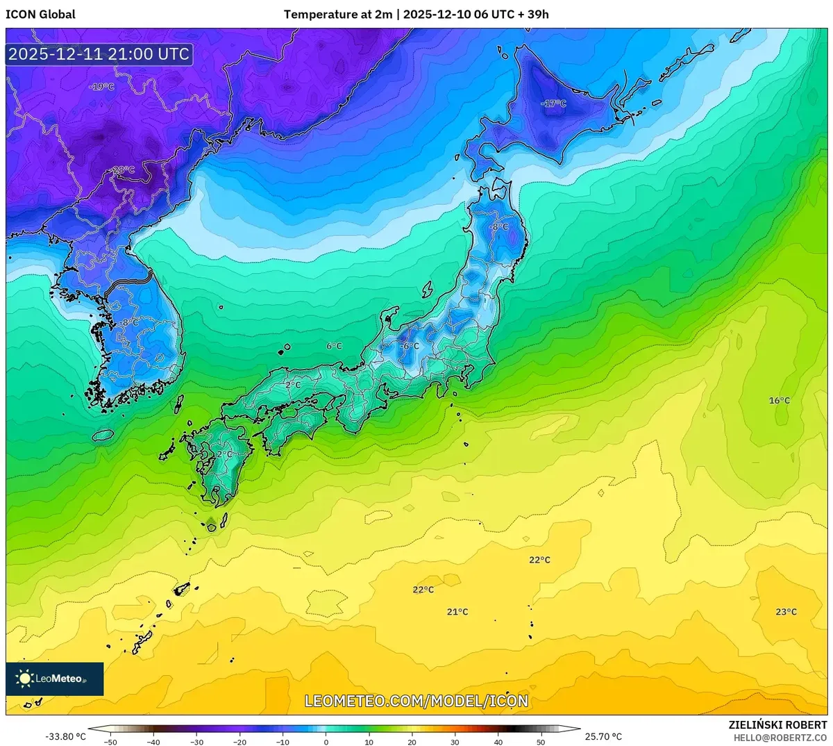 Japan Cold Front Freezing Temperature Forecast Map – 2025年12月10日 気圧の異常