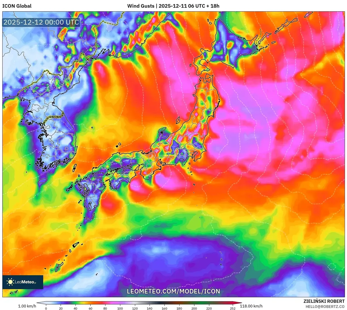 2025-12-11 における風速の予報 – 記録的寒冷前線、豪雪および強風が日本に影響を及ぼす