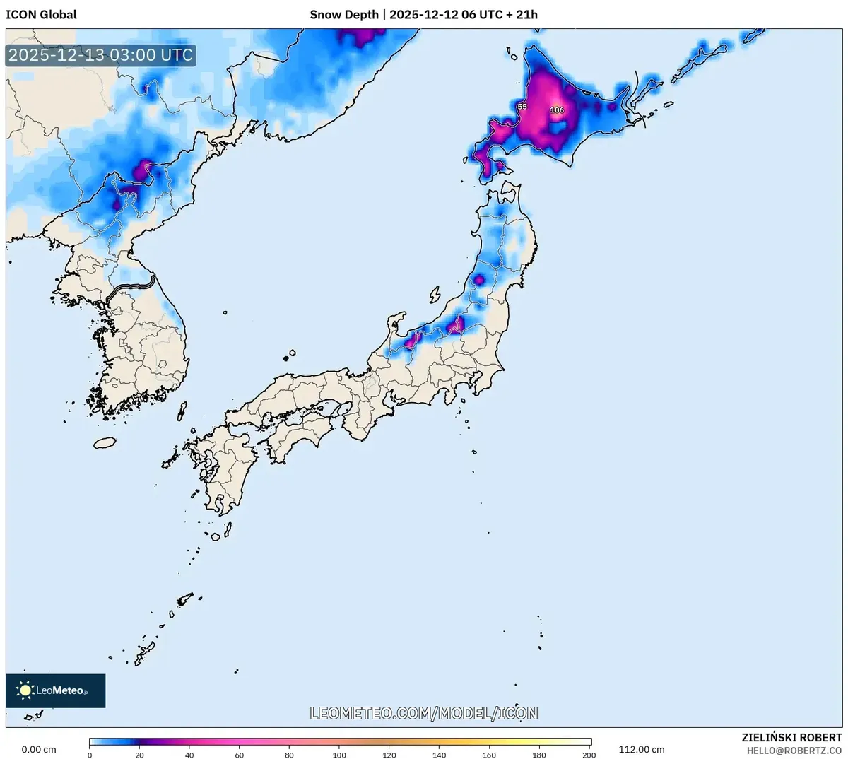 土曜日の夜までに予想される積雪深さ – 2025年12月12日