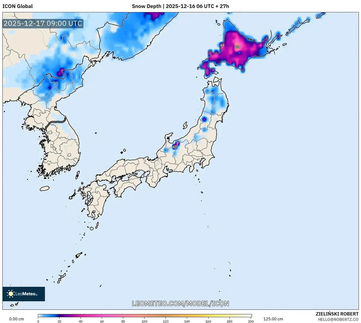 北海道の積雪深予報 – 2025年12月16日 天気モデル概要