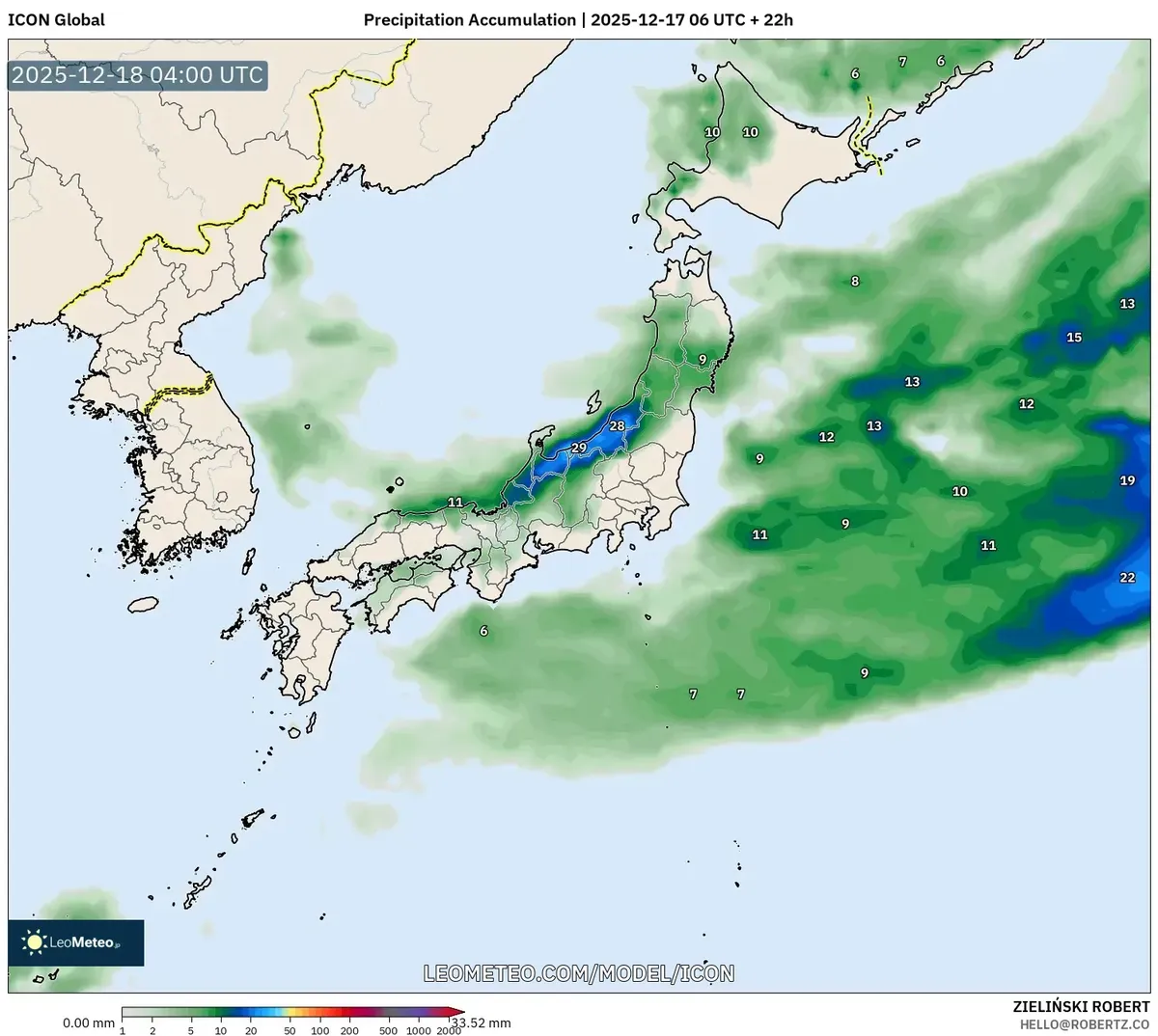 降水量累積マップ – 中部日本　|　2025年12月17日 天気予報