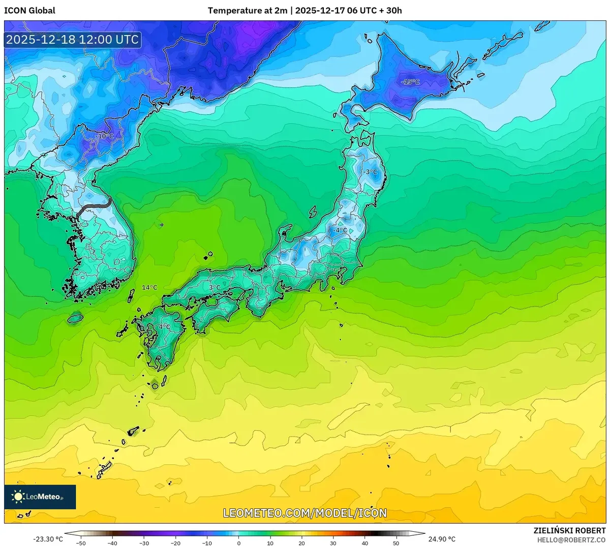 日本の気温2m　—　極寒予報　2025年12月17日