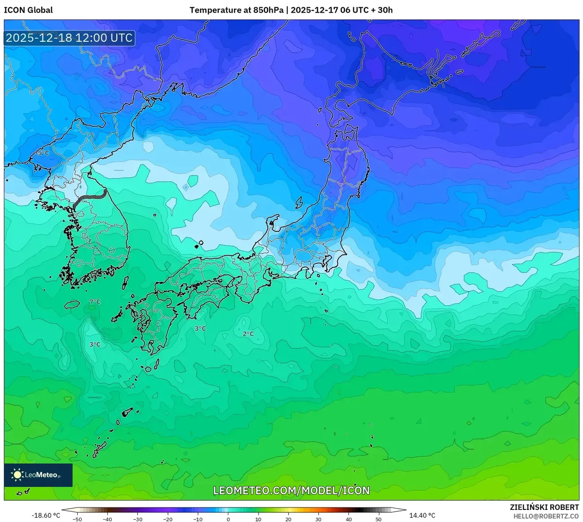 日本の気温　850hPa　—　極寒予報　2025年12月17日