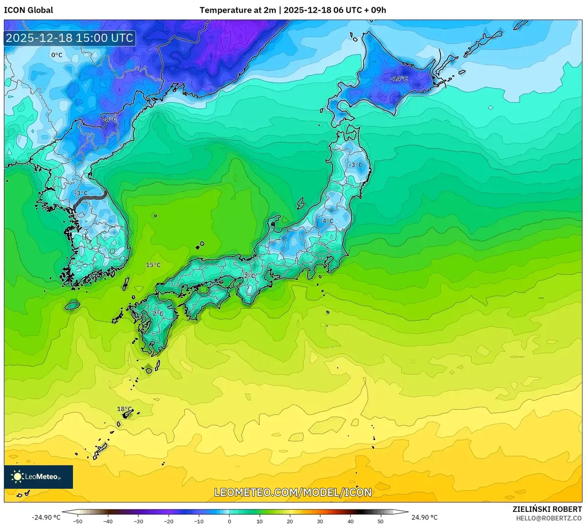 2025-12-18 の朝の最低気温予報 – 日本全域が寒く、乾燥した一日となる