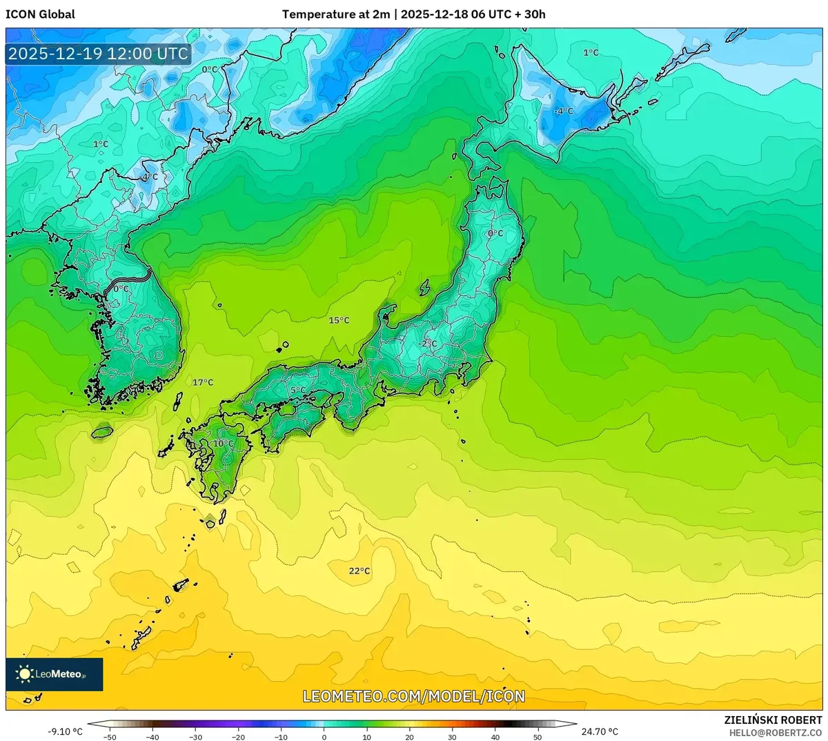 沖縄県　軽い雨の予報　―　2025年12月18日　天気図＆温度２３℃