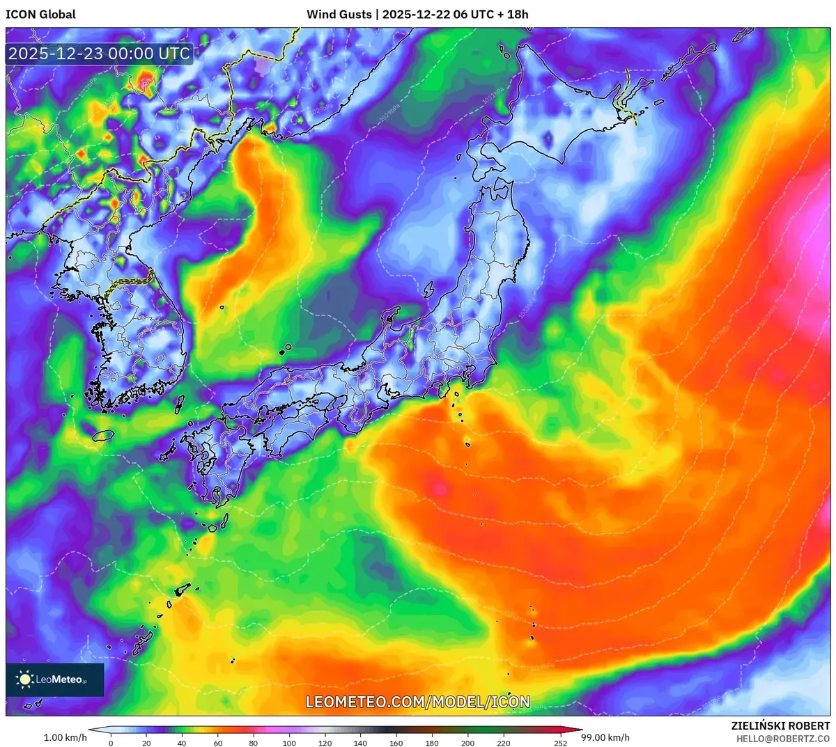 東日本風速予報 | 2025-12-22 | 中程度の40 km/hの風、晴天&寒冷前線アウトルック