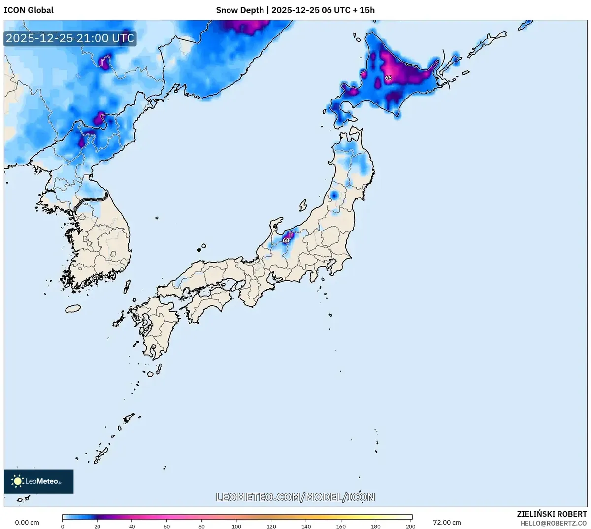 2025年12月25日　日本で記録的雪深積と時速130キロの風予報　–　雪深図