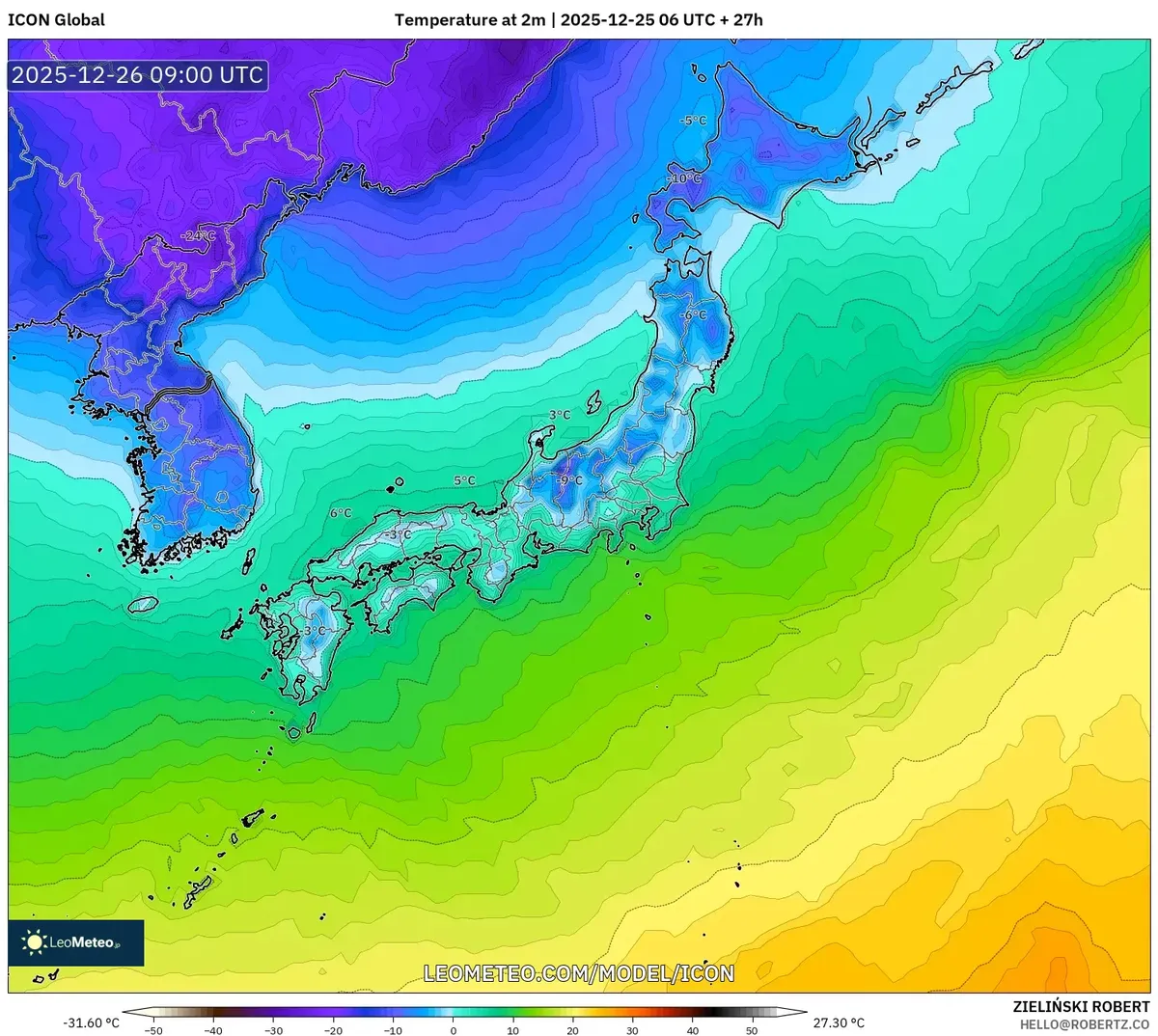 2025年12月25日　日本で記録的雪と時速130キロの風が予想される－気温マップ