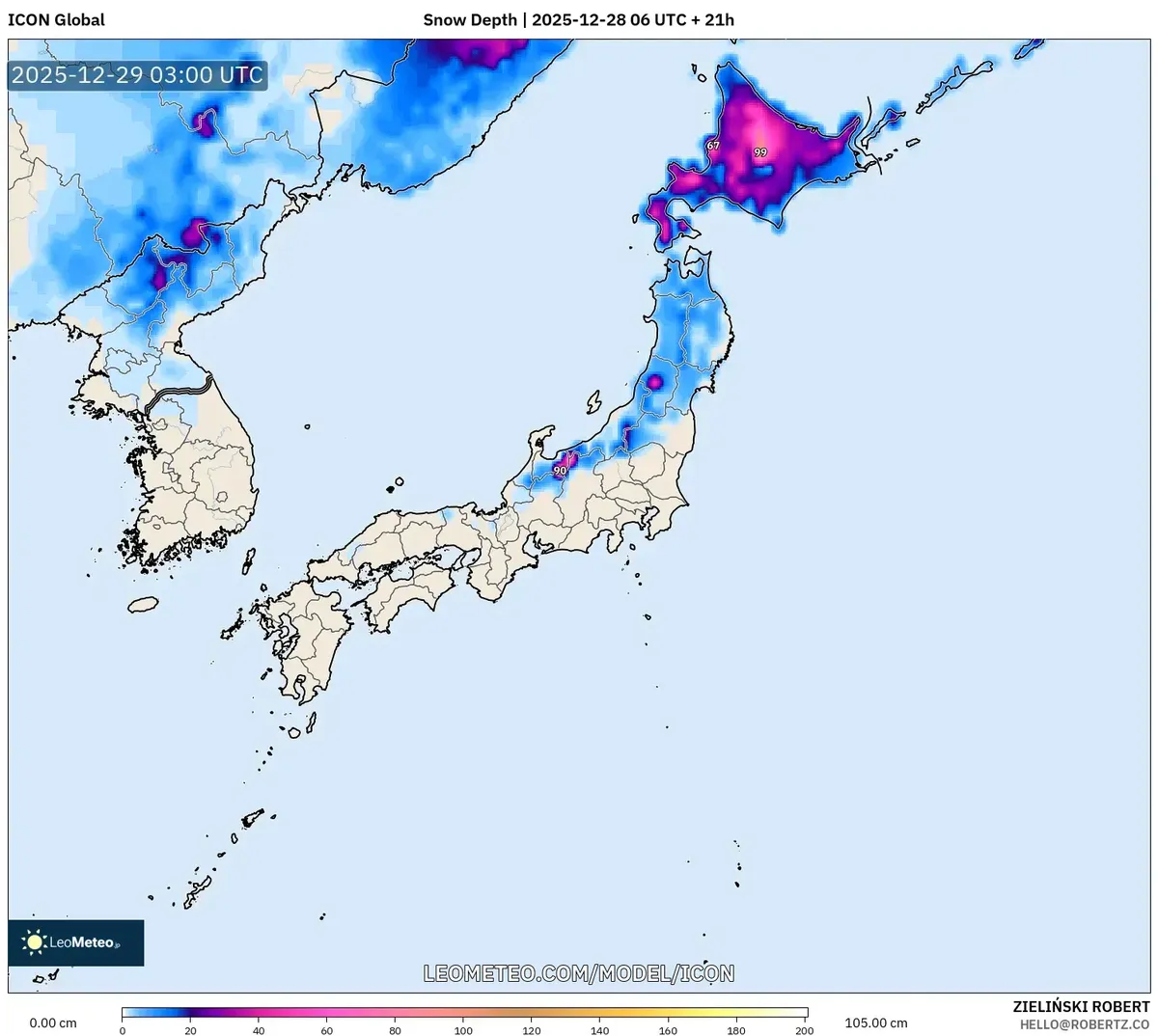 12月29日、北海道の積雪量が増加する。