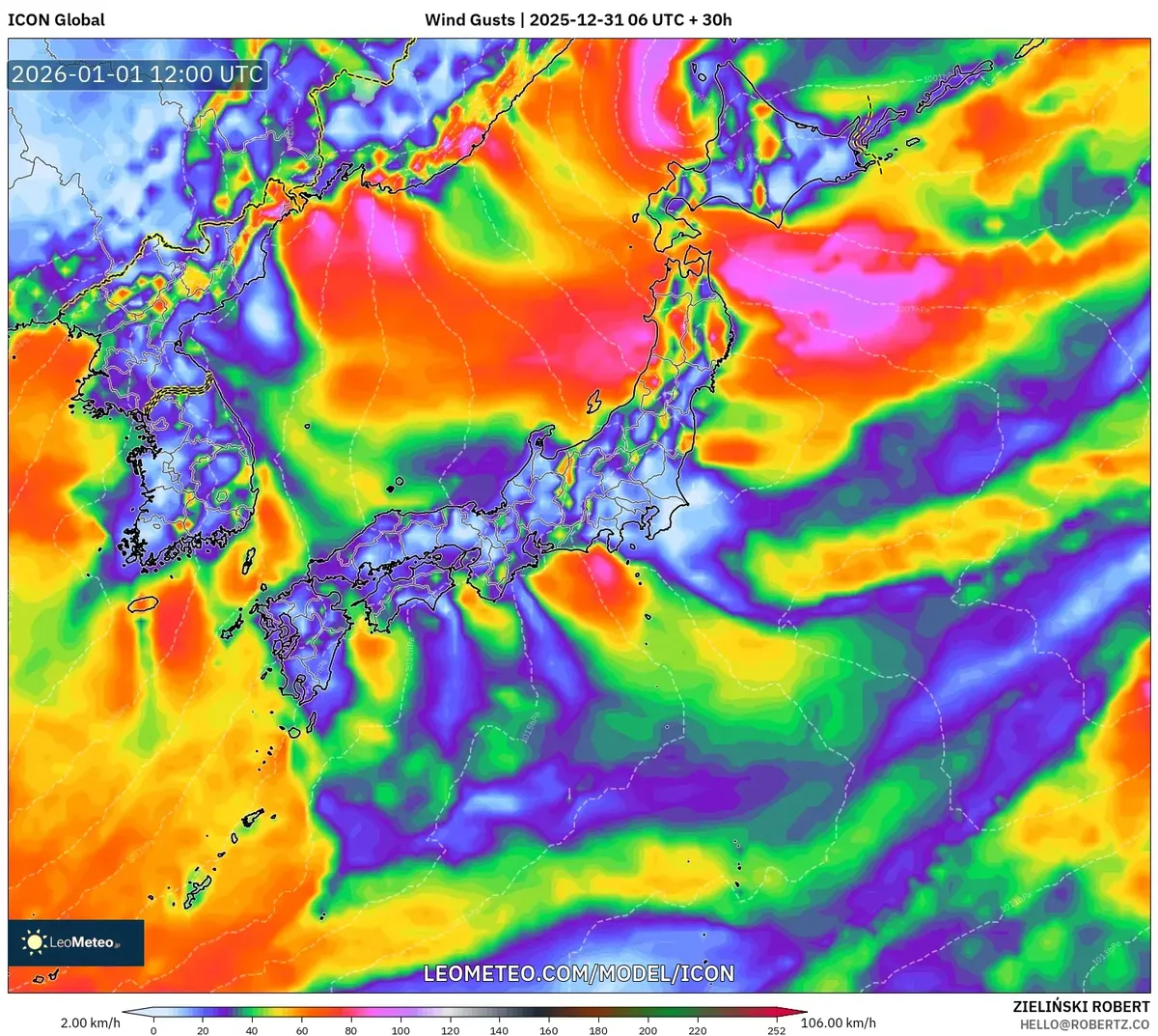 Wind Gusts Peaking in Northern Japan on Jan 1, 2026
