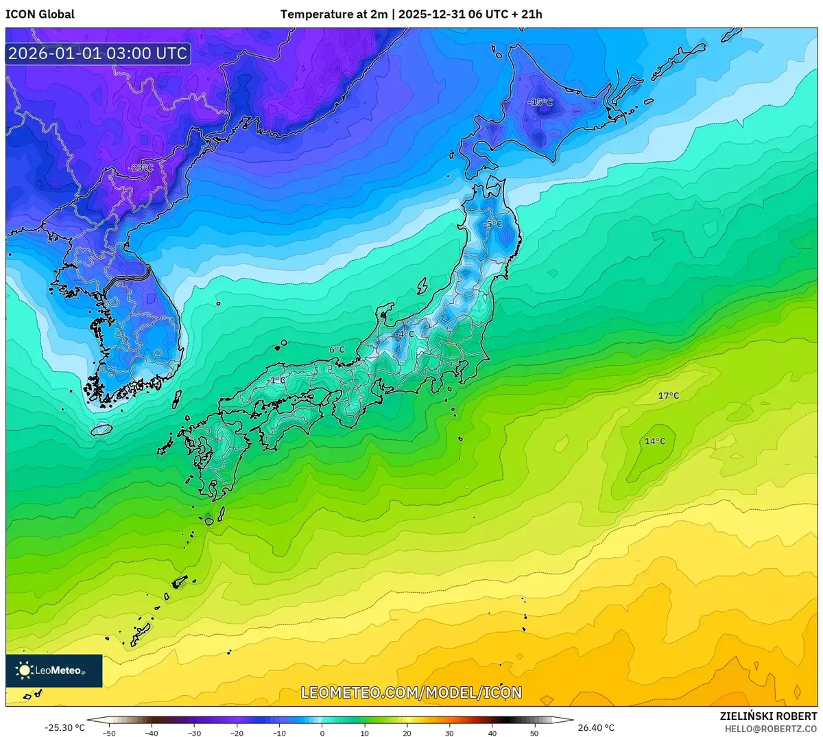 Peak Daytime Temps Around Tokyo on Jan 1, 2026