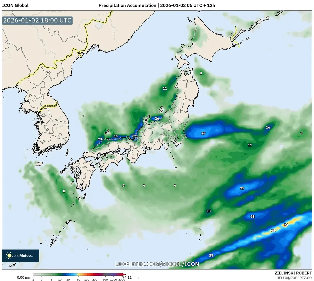降水量の集中が東本州で1月3日、2026年に発生します。