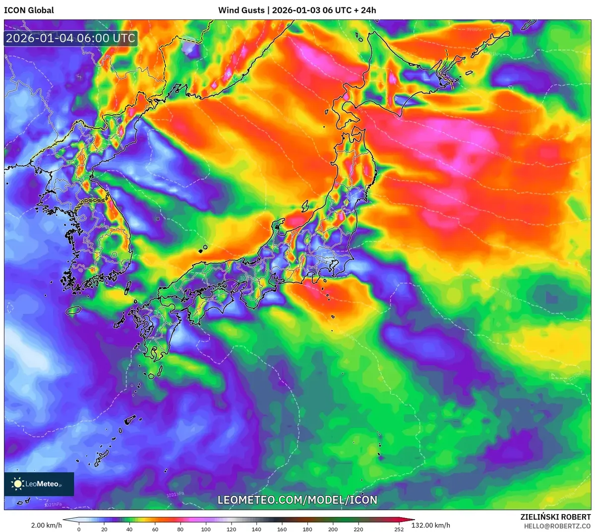 1月4日、北日本の最大瞬間風速