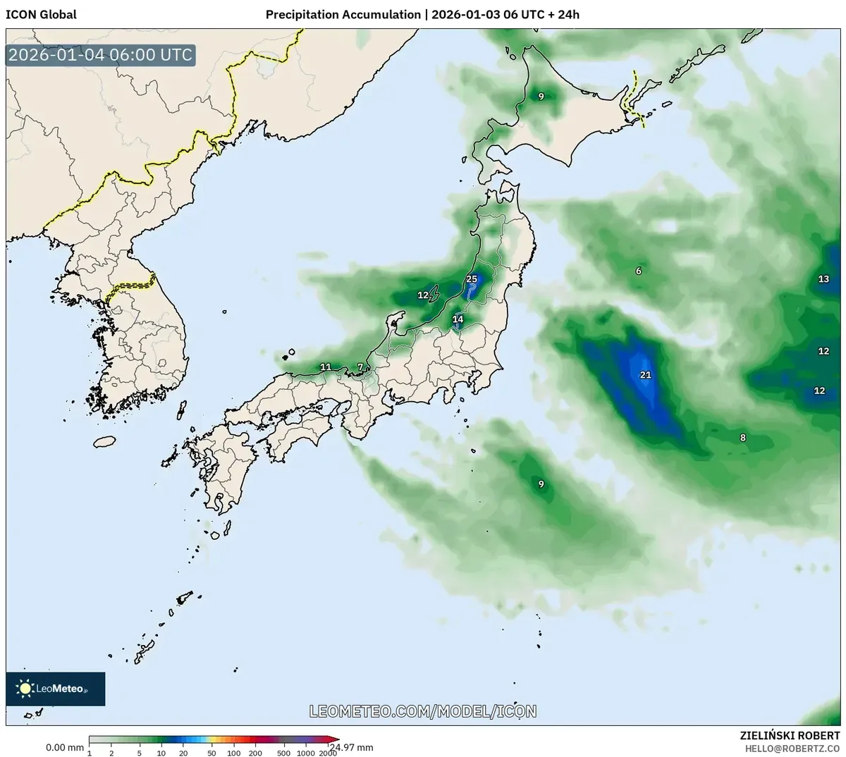 1月4日の日本東部における降水量の蓄積