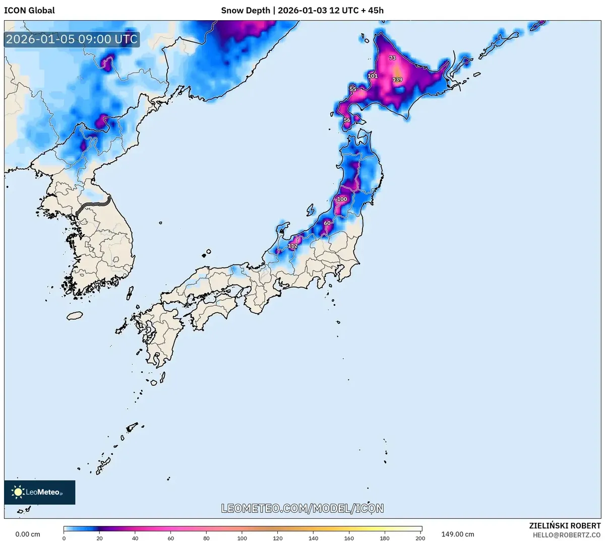 1月5日の日本北部における最大の積雪深さ