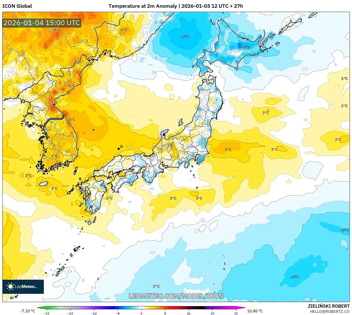 1月5日の地域における気温偏差
