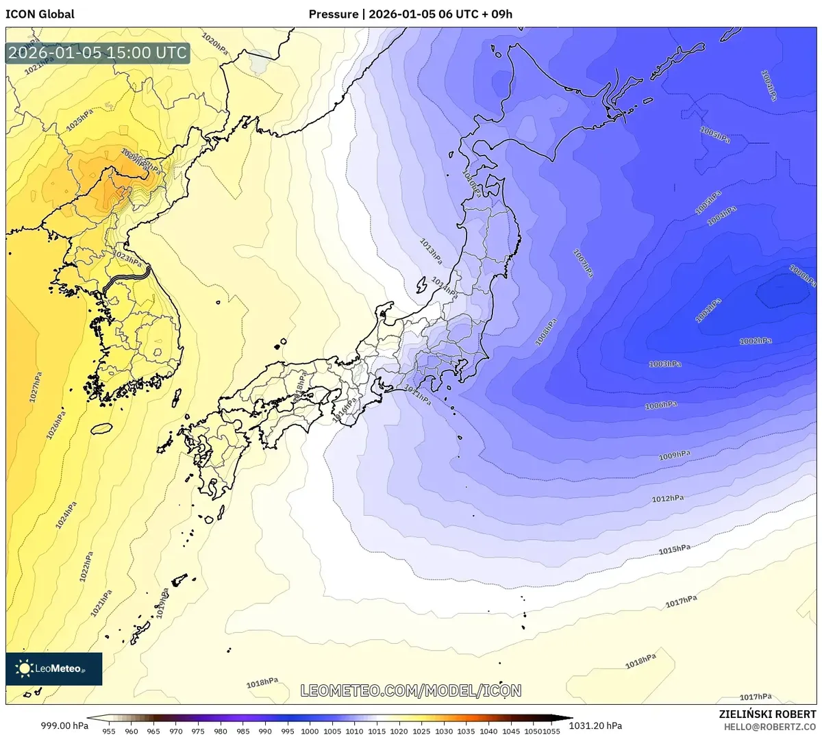 1月6日、高気圧が日本中部を支配する。