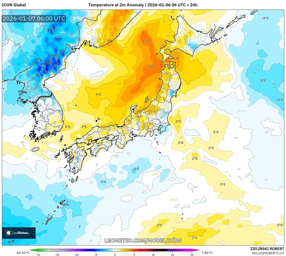 850hPaにおける気温偏差(1月7日、2026年)