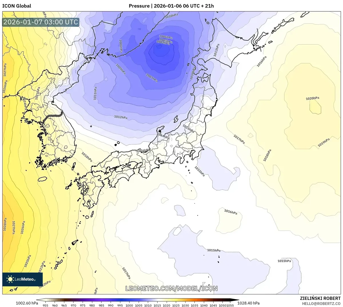 日本における平均海面気圧 2026年1月7日