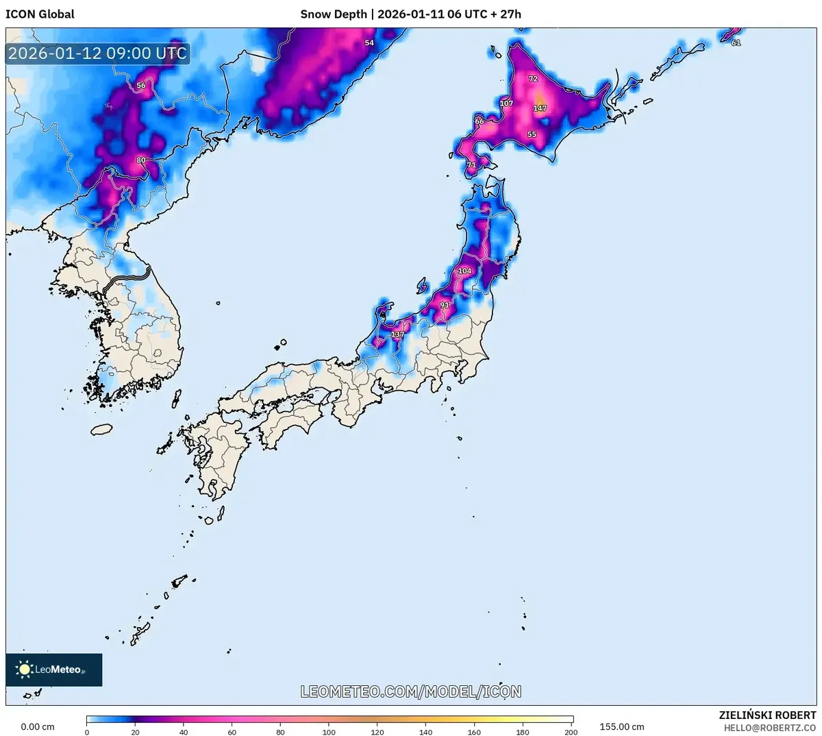 2026年1月12日の北日本における大雪の積雪分布