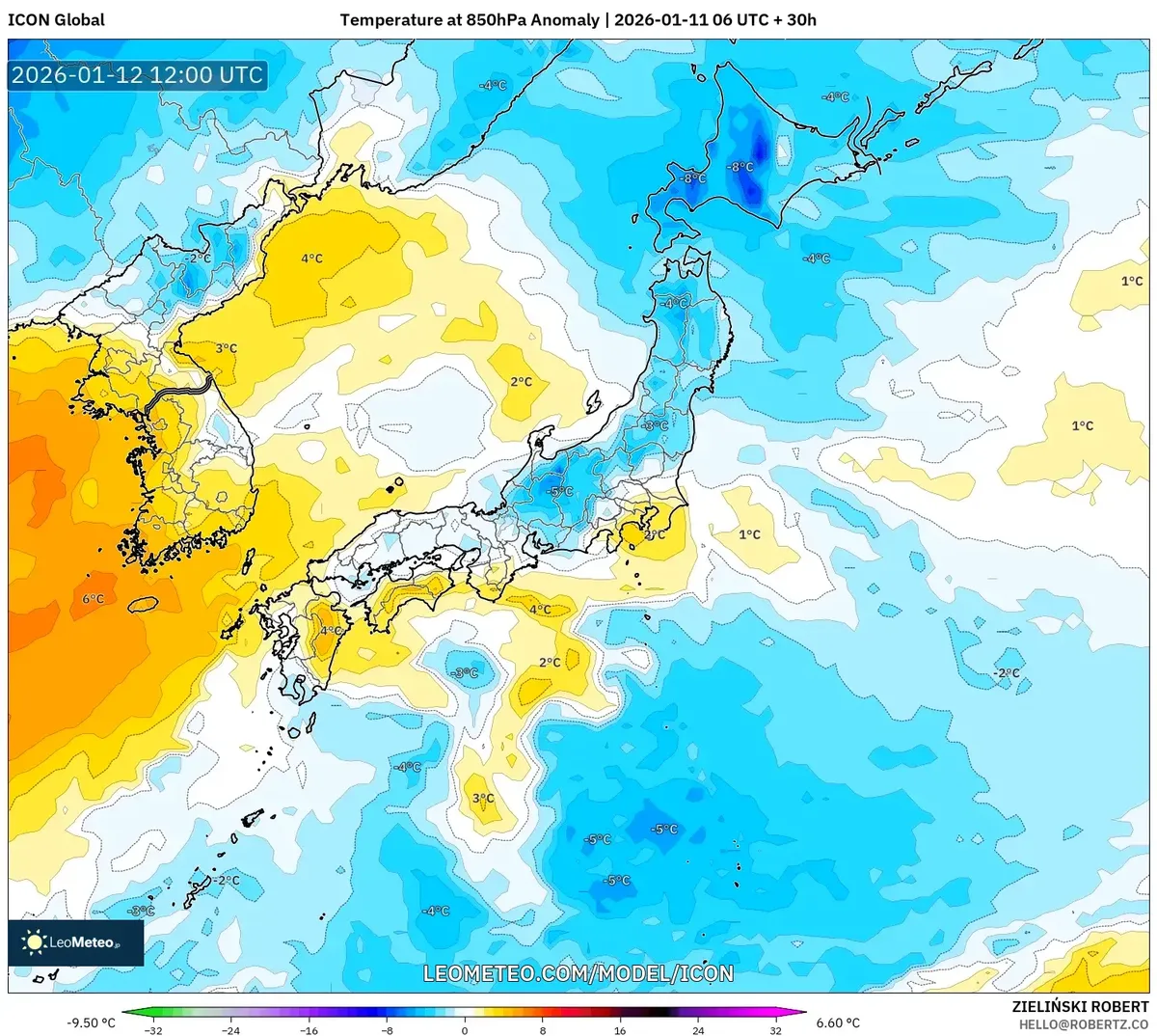 2026年1月12日の日本付近を覆う寒気の分布