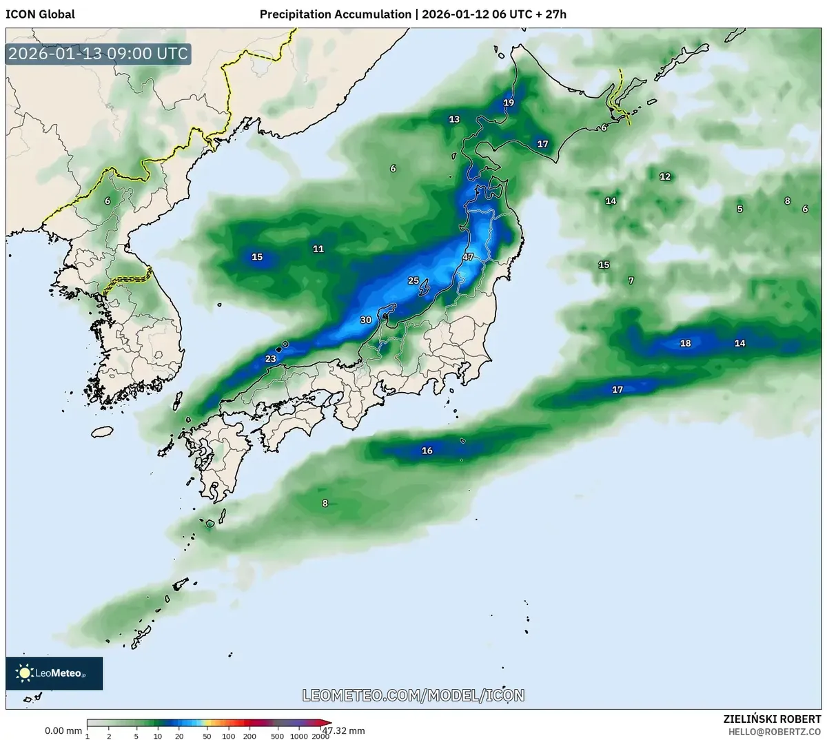 西日本で著しい降水量の蓄積が予想される(2026年1月13日)