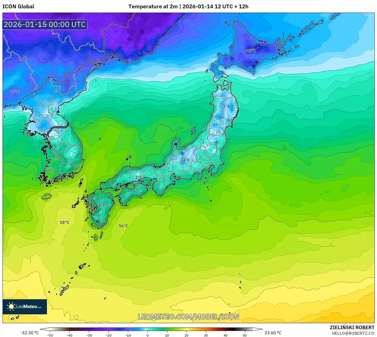 2026年1月15日の本州中部で広がる雲域
