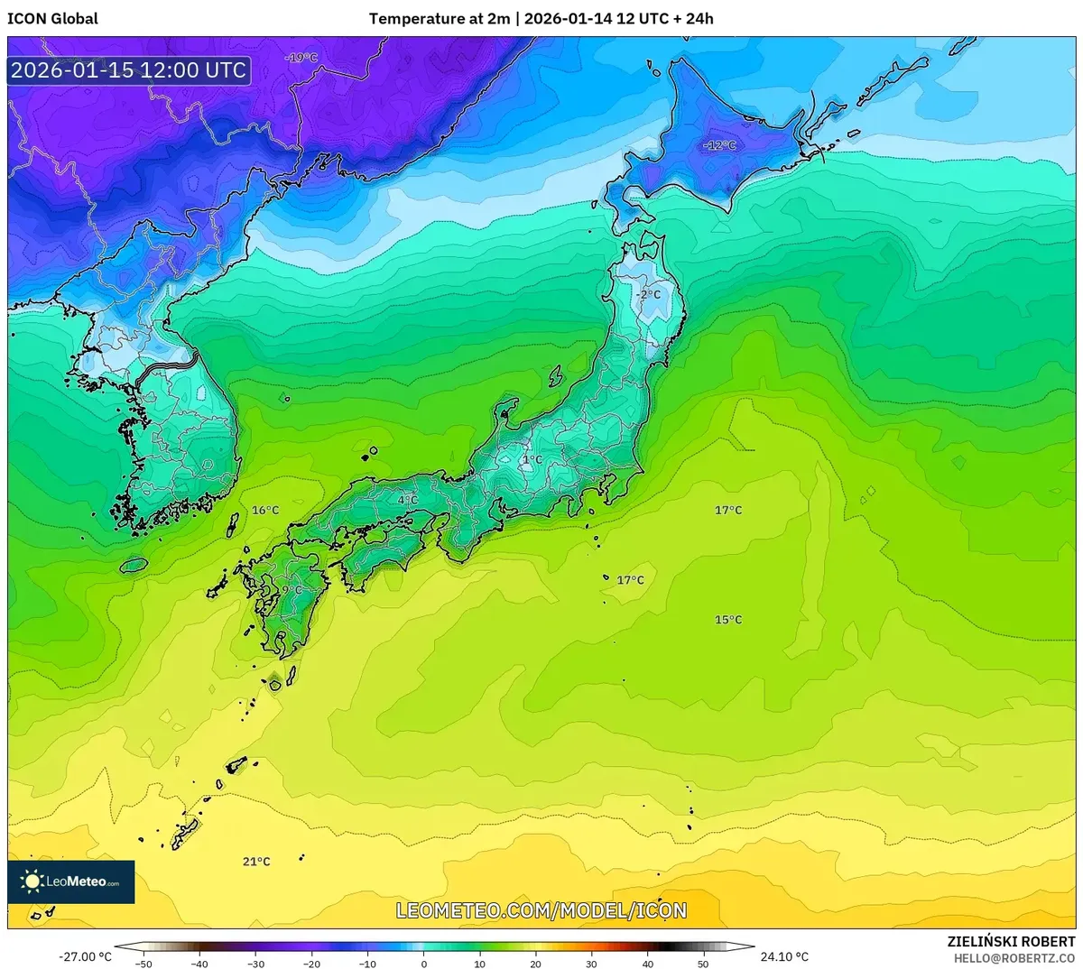 2026年1月15日の日本各地の最高気温分布