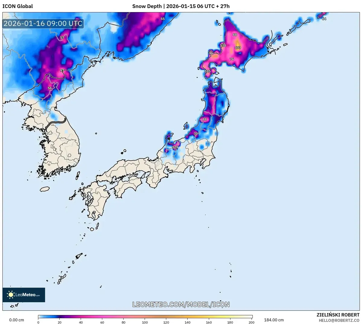 2026年1月16日の北海道 最大積雪深