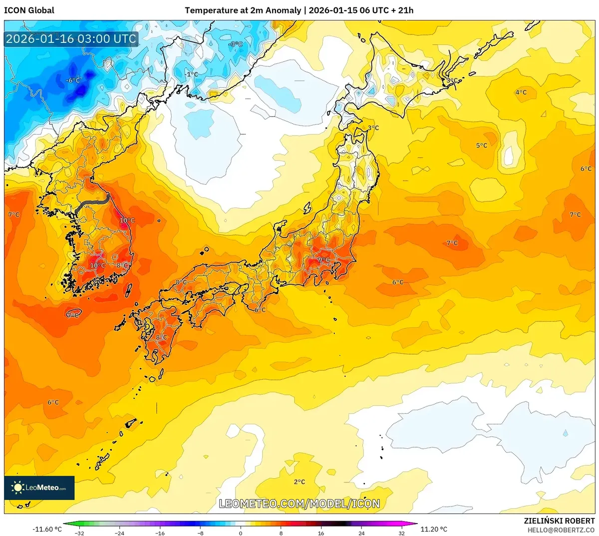 2026年1月16日の本州中部 正の気温偏差分布