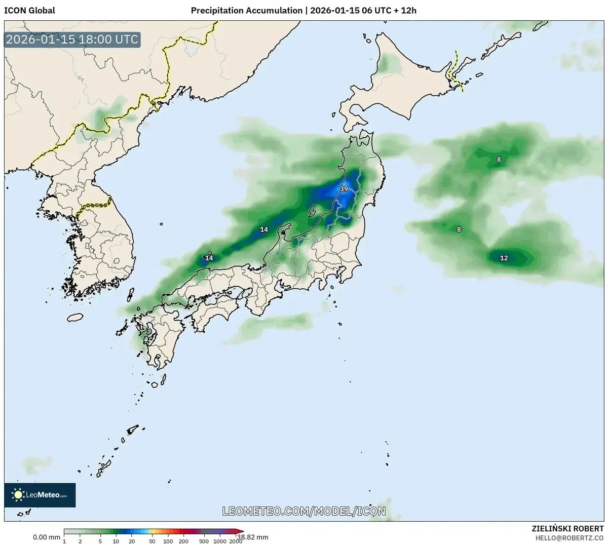 2026年1月16日の南日本 最小降水量分布