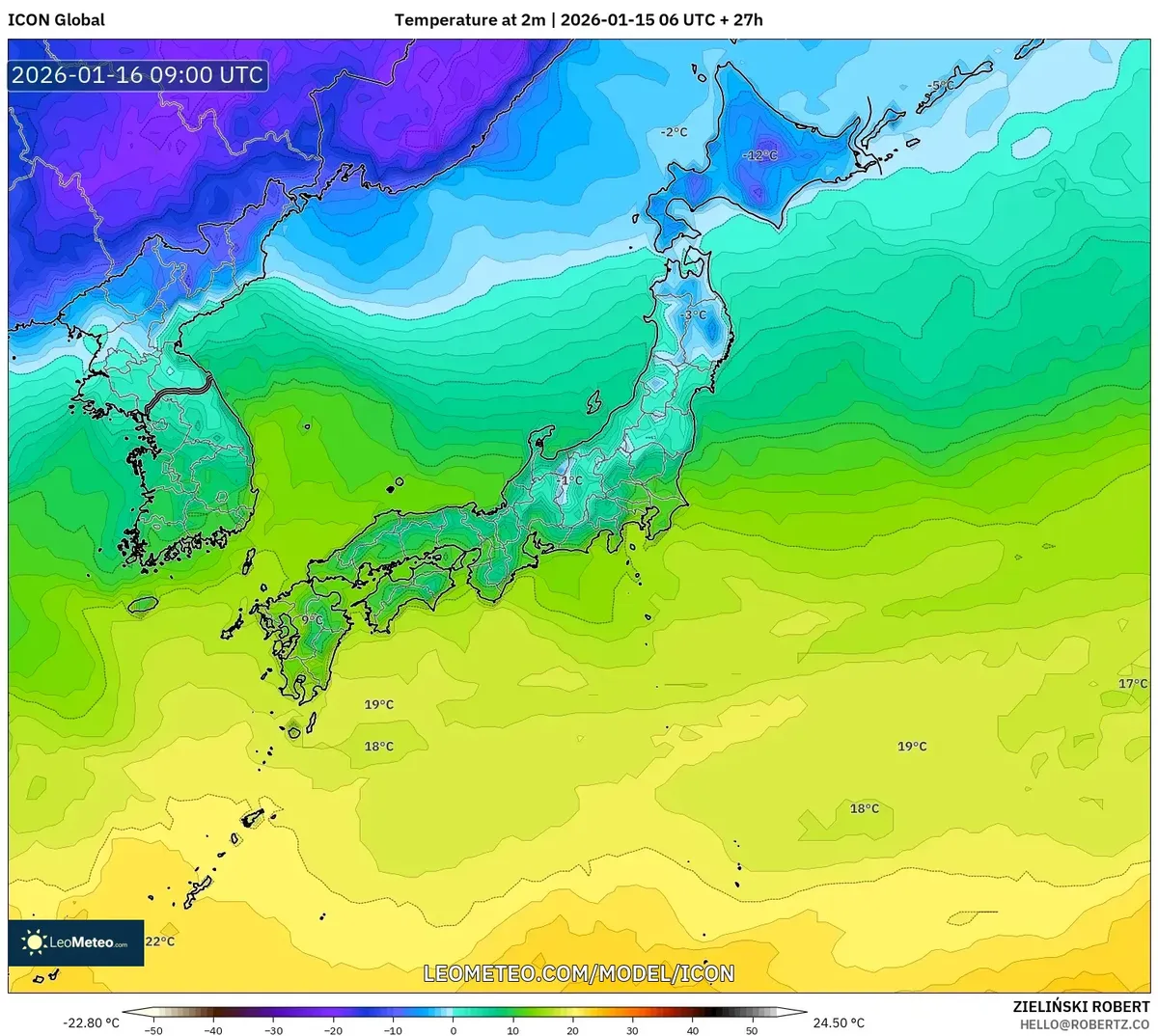 2026年1月16日の札幌 最低気温分布