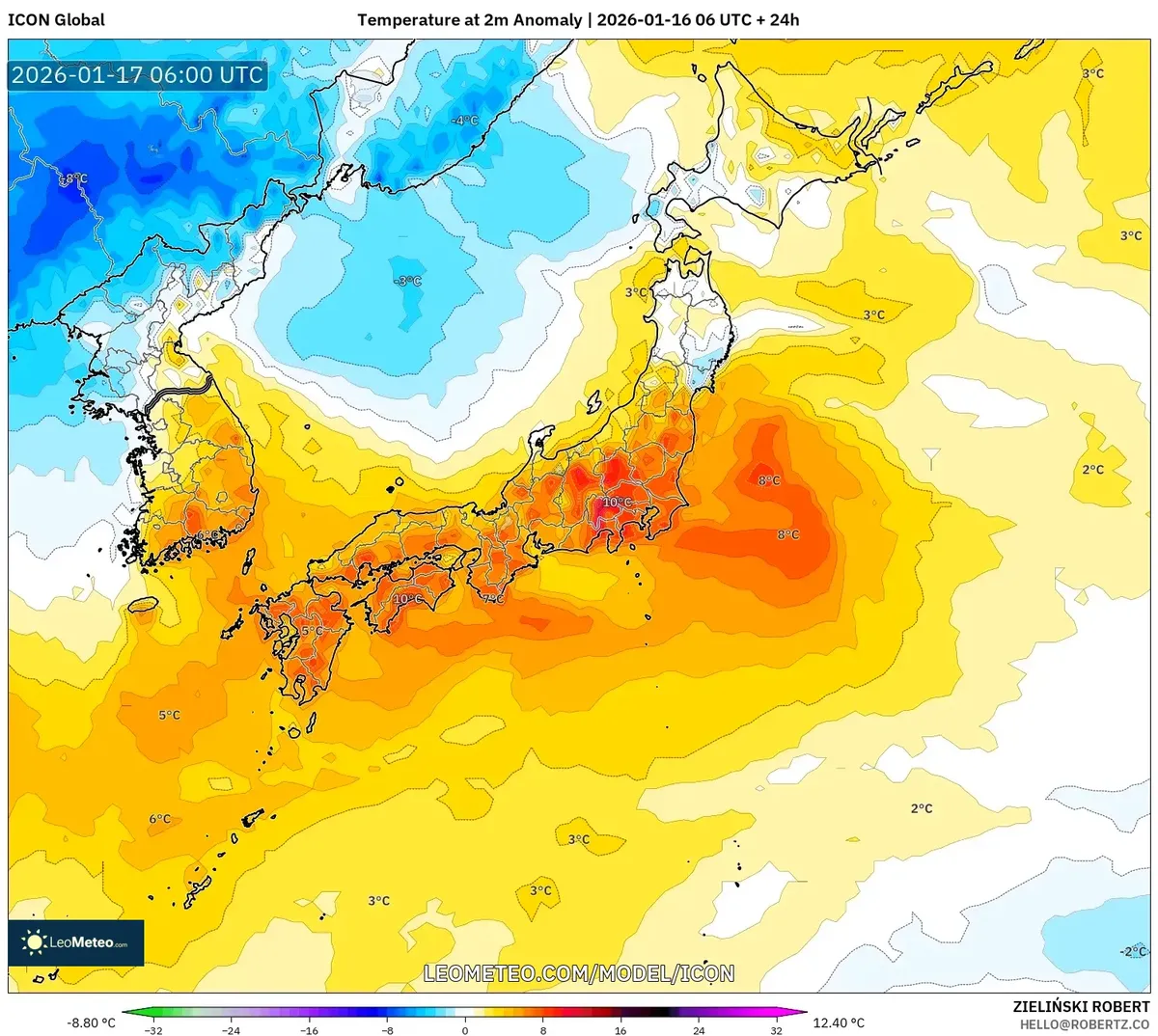 日本各地の気温平年差 2026年1月17日