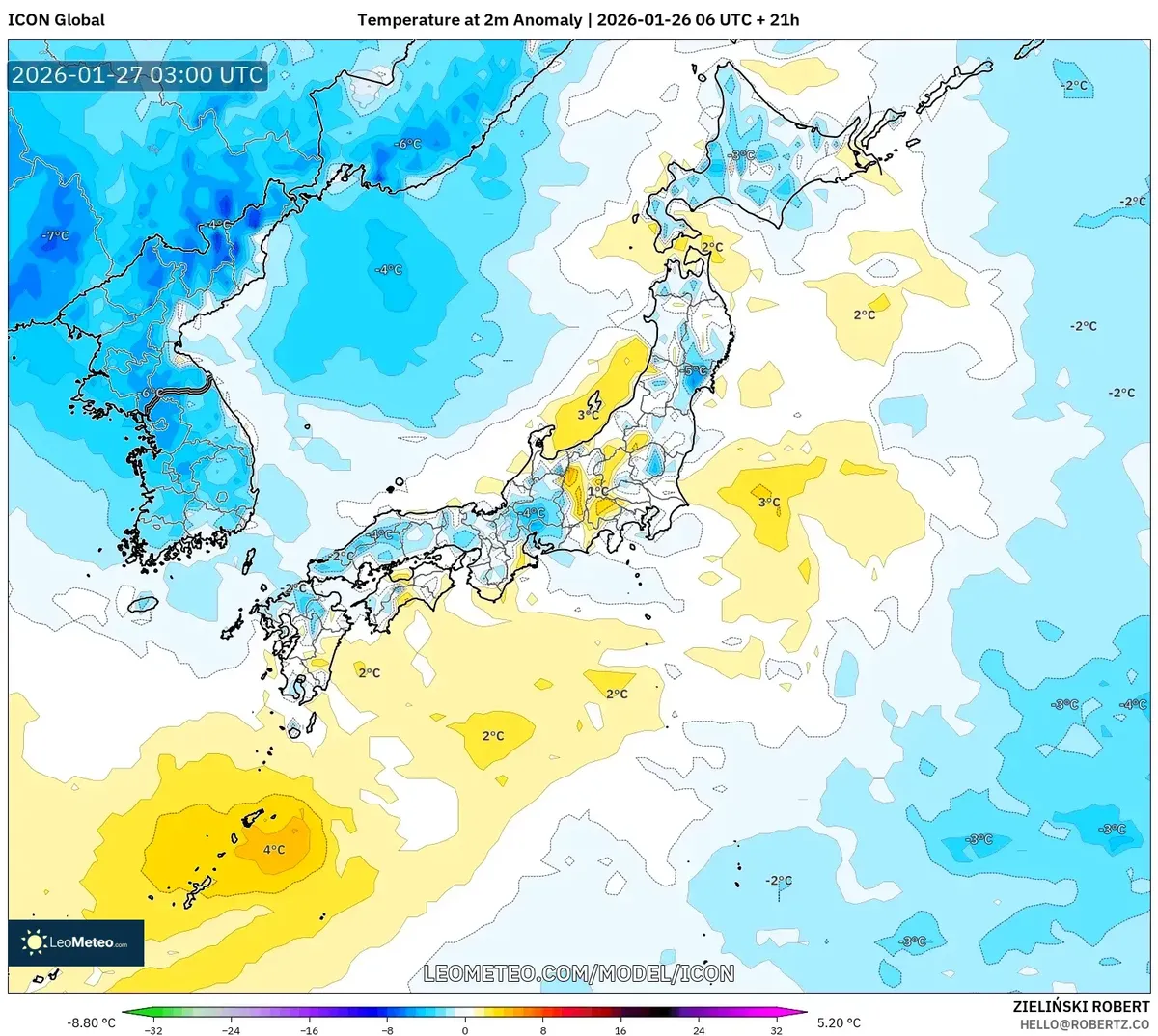 2026年1月27日の日本各地の地上気温平年差