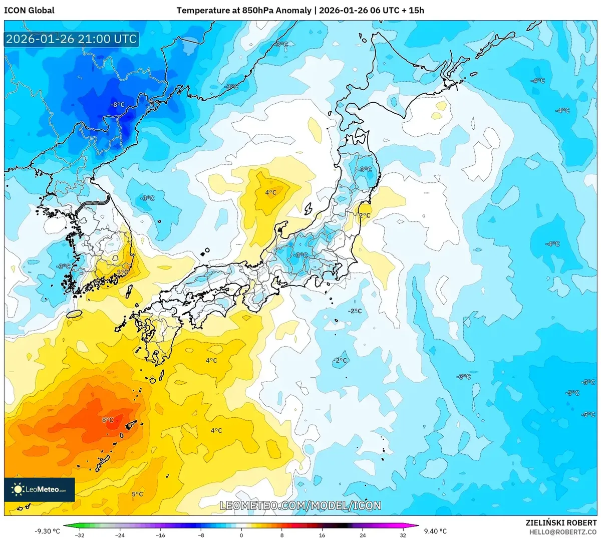 2026年1月27日の日本各地の高層気温平年差