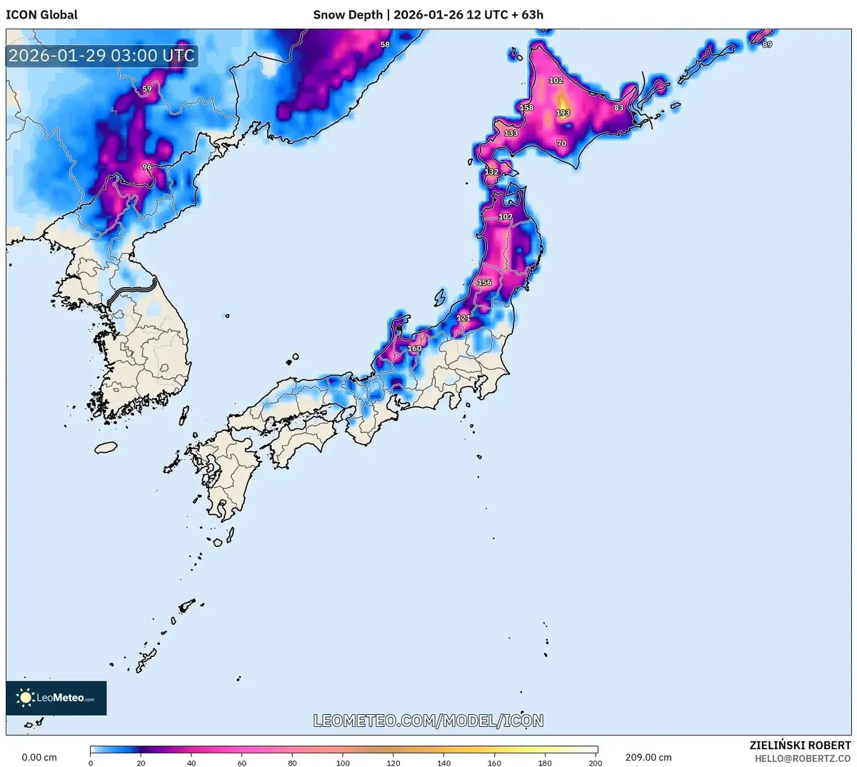 2026年1月29日の日本の積雪予想