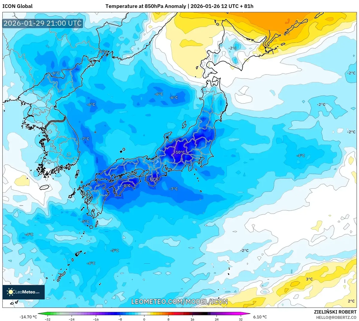 2026年1月30日の本州中部の寒気の平年差