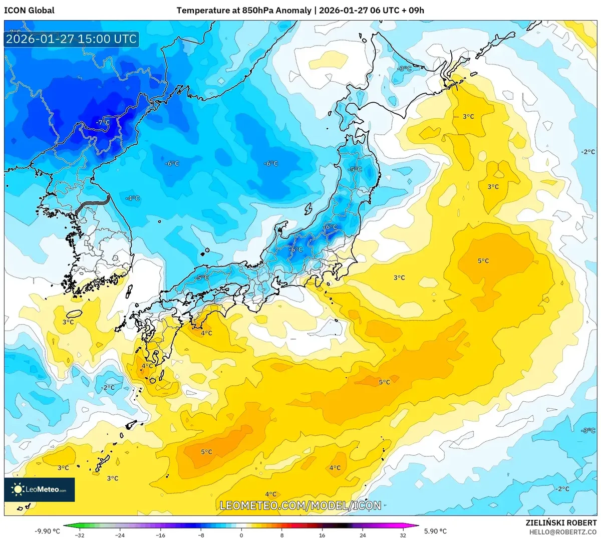 2026年1月28日の地上気温平年差