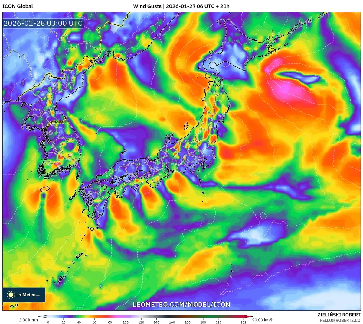 2026年1月28日正午の最大瞬間風速