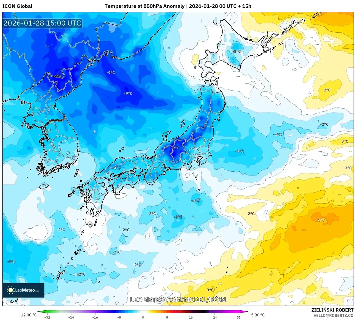 2026年1月29日の日本各地の気温平年差