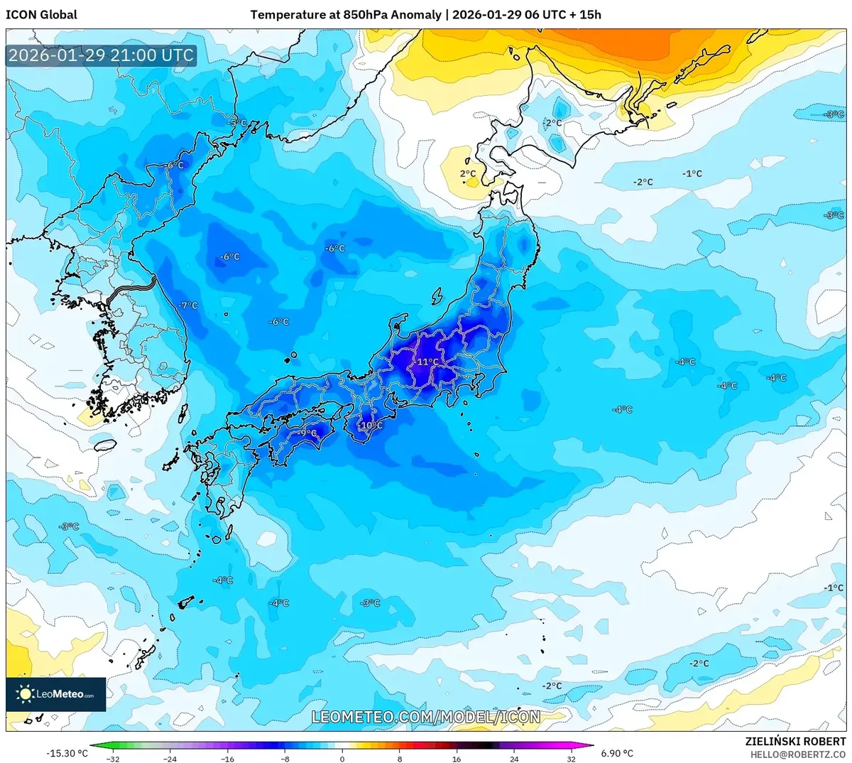1月30日の850hPa温度偏差