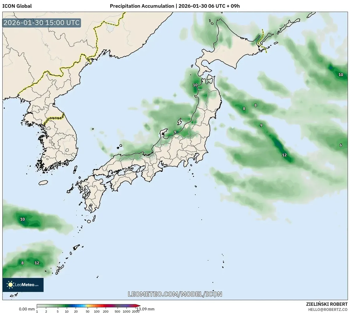 2026年1月31日の九州の降水量分布