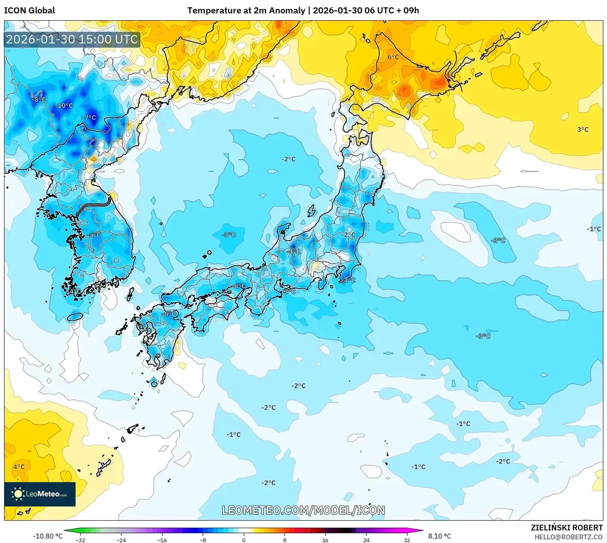2026年1月31日の日本各地の地上2m気温平年差